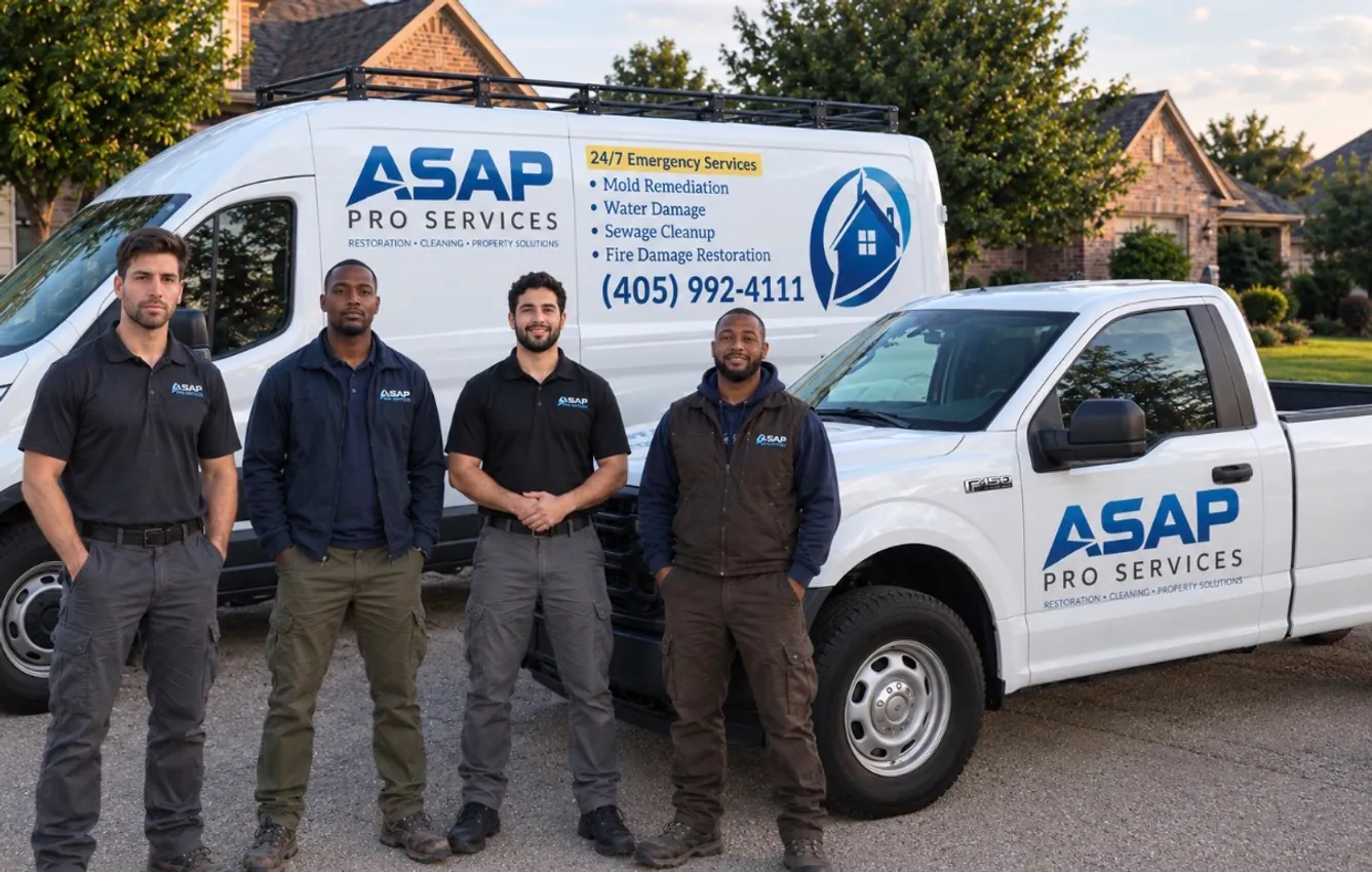 ASAP Pro Services crew standing with the company van and pickup truck
