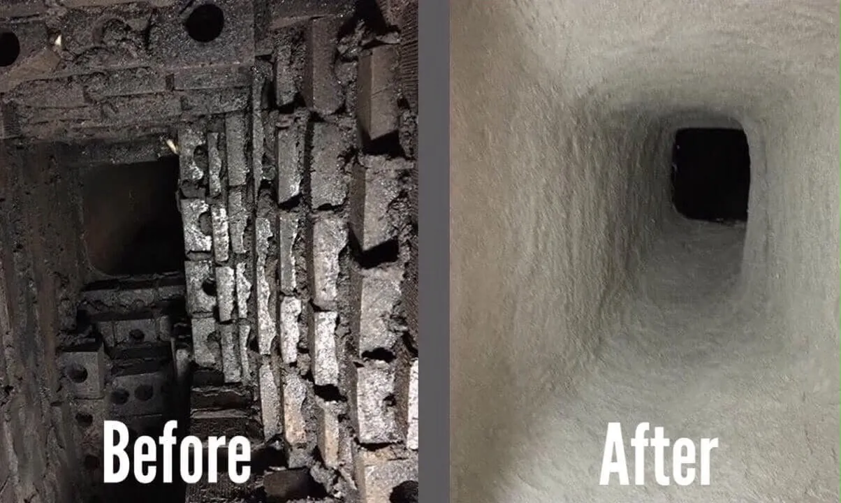 Before and after views inside a chimney passage, showing dark buildup before work and a clearer passage afterward