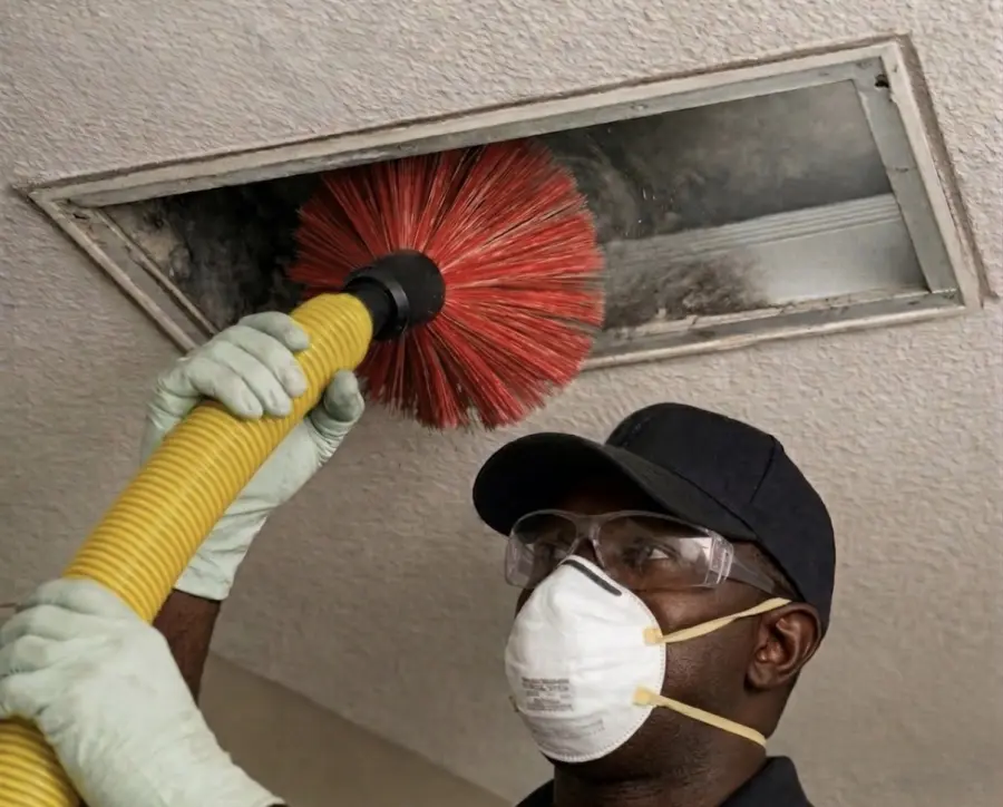 ASAP Pro technician brushing an air duct vent in an Oklahoma City home