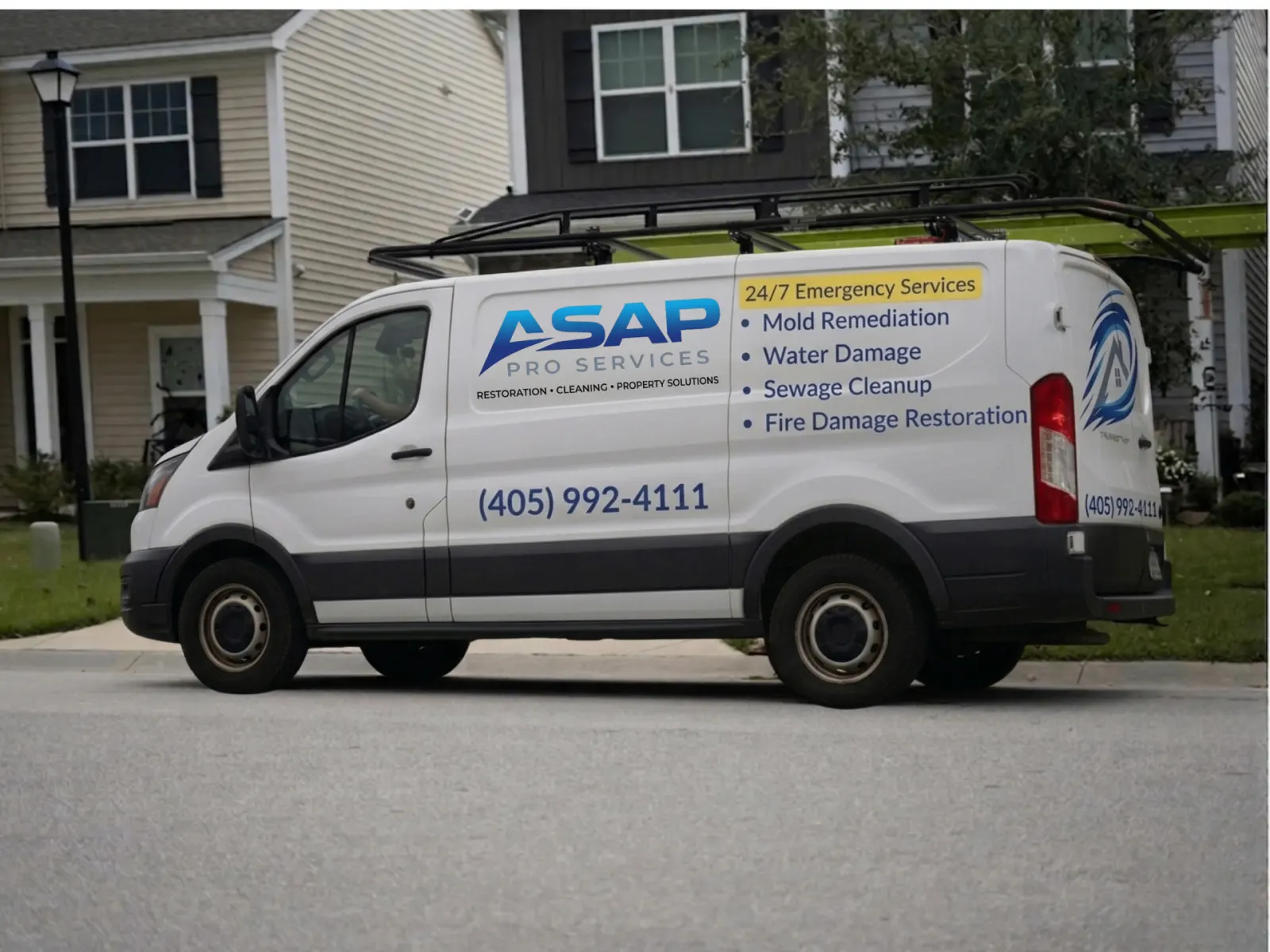 ASAP Pro Services van on-site at a storm damage call in Oklahoma City