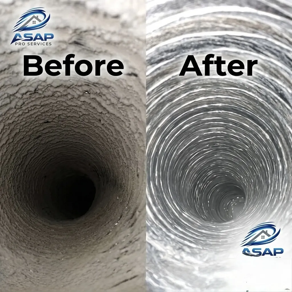 Before and after dryer vent cleaning by ASAP Pro Services showing significant lint buildup removal